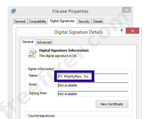 Screenshot of the PC MightyMax, Inc. certificate